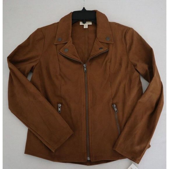 Style & Co. 61884P Women's Sz Petite M Saddle Brown Faux Suede Moto Jacket $80 - Picture 1 of 6
